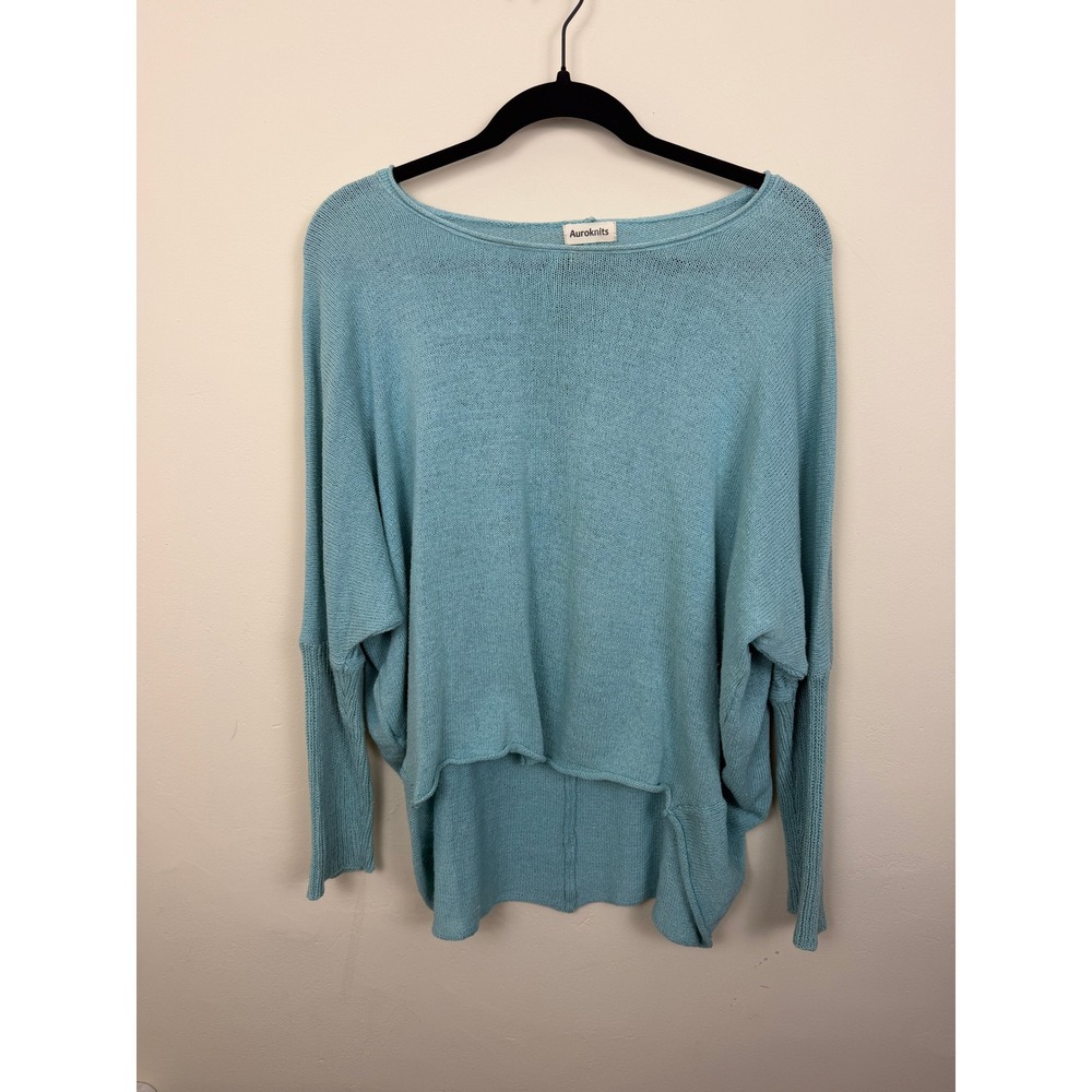 100% Silk Sweater Women's M Blue Relaxed Knit Lightweight Boho Coastal